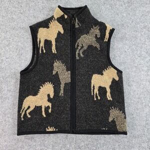 VTG Lisa International Gray Boiled Wool Vest Black Horses Zip Western Large Pony